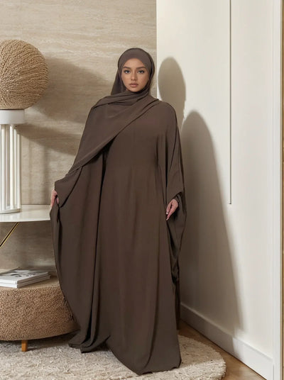 LM014 Plus Size Butterfly Abaya with Hijab Set – Modest Batwing Sleeves Dress for Muslim Women - LM014-Taupe-S (50-52) LumosModesty
