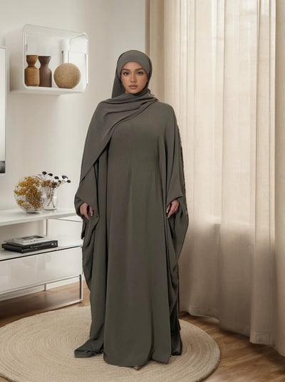 LM014 Plus Size Butterfly Abaya with Hijab Set – Modest Batwing Sleeves Dress for Muslim Women - LM014-Taupe-S (50-52) LumosModesty