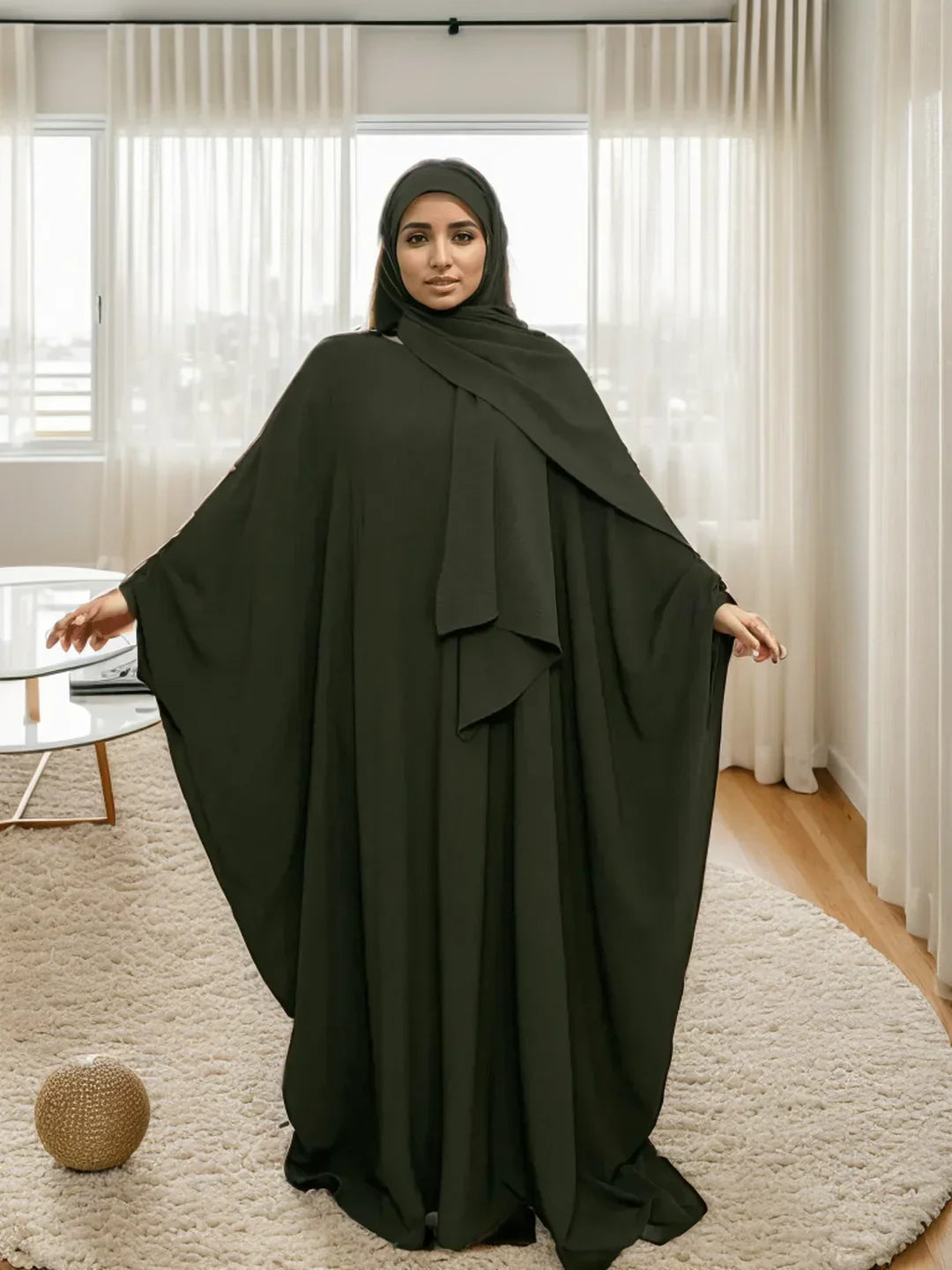 LM014 Plus Size Butterfly Abaya with Hijab Set – Modest Batwing Sleeves Dress for Muslim Women - LM014-Taupe-S (50-52) LumosModesty