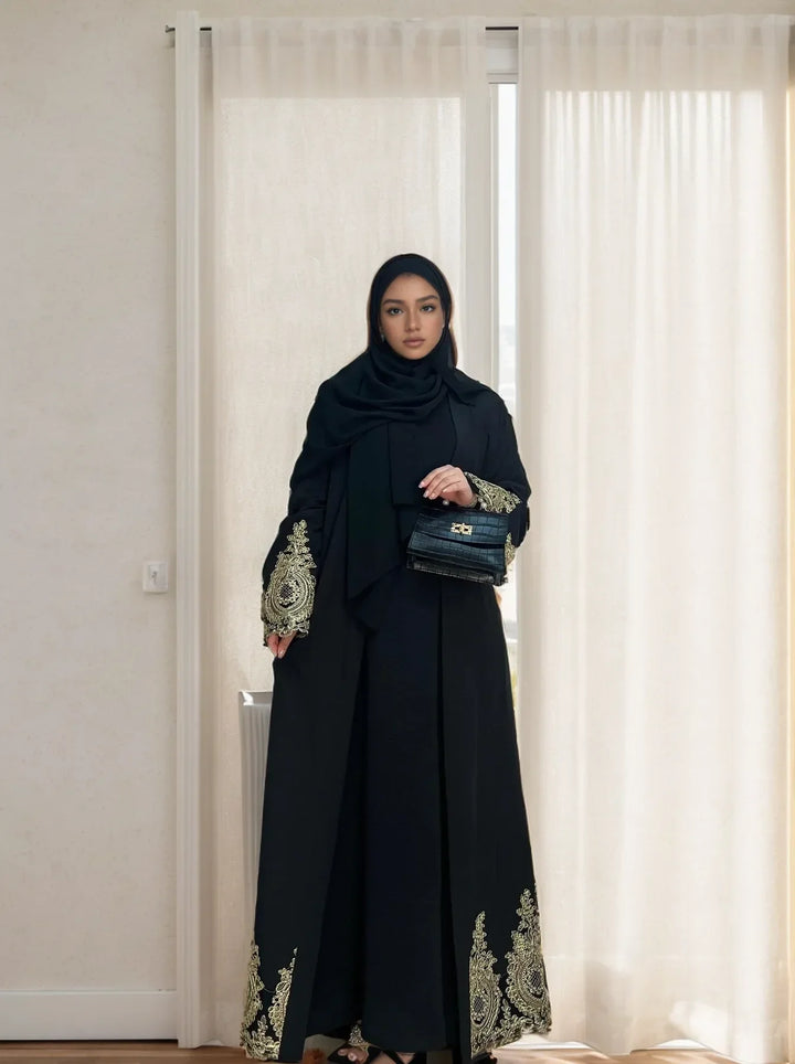 LM015 Luxury Gold Embroidered Open Abaya | Elegant Islamic Dress LumosModesty LM015 Luxury Gold Embroidered Open Abaya | Elegant Islamic Dress LumosModesty