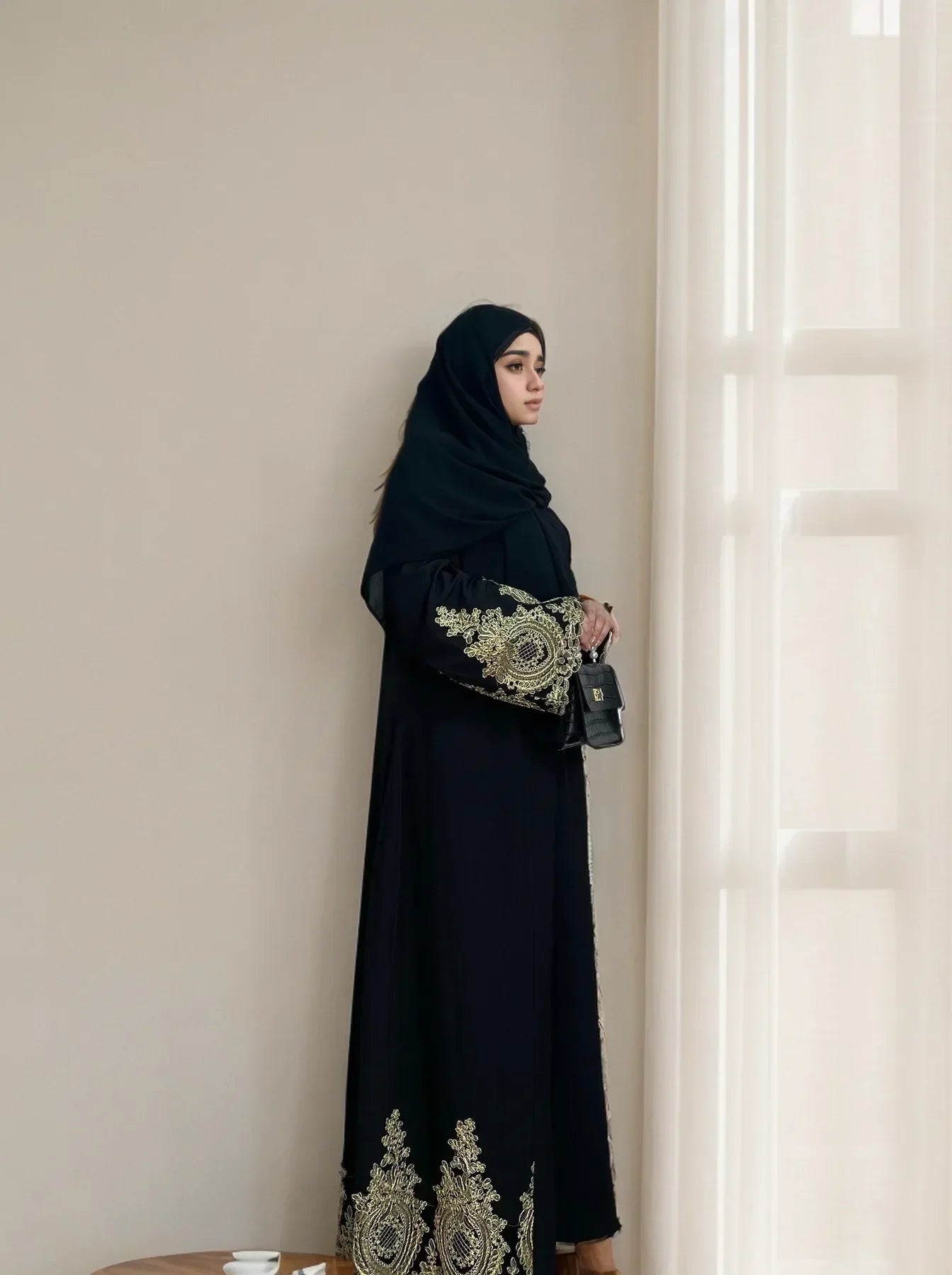 LM015 Luxury Gold Embroidered Open Abaya | Premium Elegant Islamic Dress for Muslim Women - S (52)-Cardigan + Black Inner LumosModesty