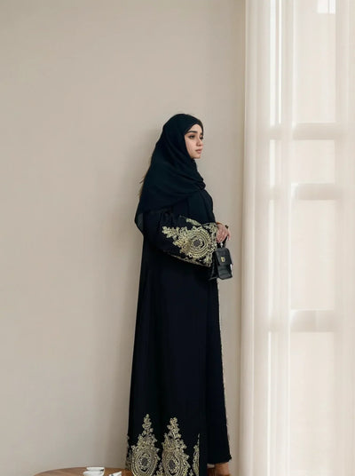 LM015 Luxury Gold Embroidered Open Abaya | Premium Elegant Islamic Dress for Muslim Women - S (52)-Cardigan + Black Inner LumosModesty