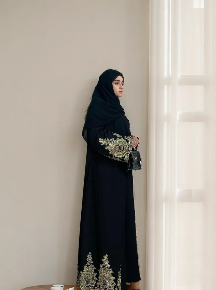 Lm015 Luxury Gold Embroidered Open Abaya