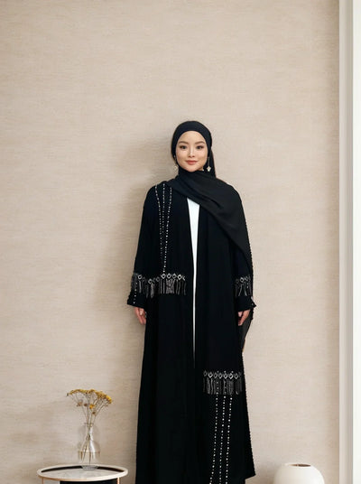 LM017 Shimmering Diamond Tassel Abaya - L-Cardigan + White Inner LumosModesty