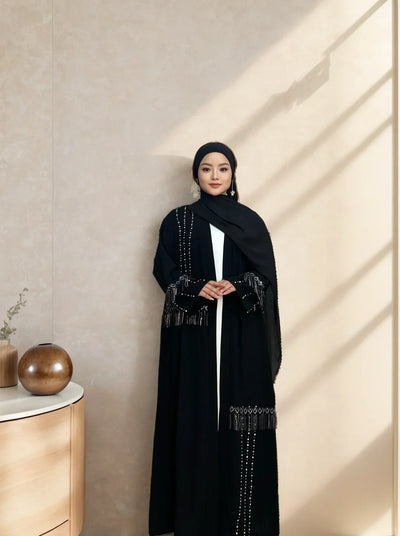 LM017 Shimmering Diamond Tassel Abaya - L-Cardigan + White Inner LumosModesty