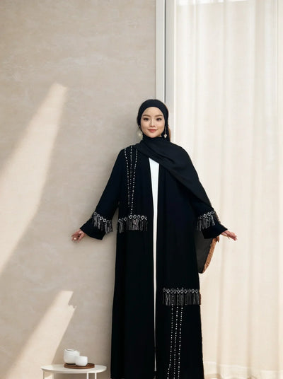 LM017 Shimmering Diamond Tassel Abaya - L-Cardigan + White Inner LumosModesty