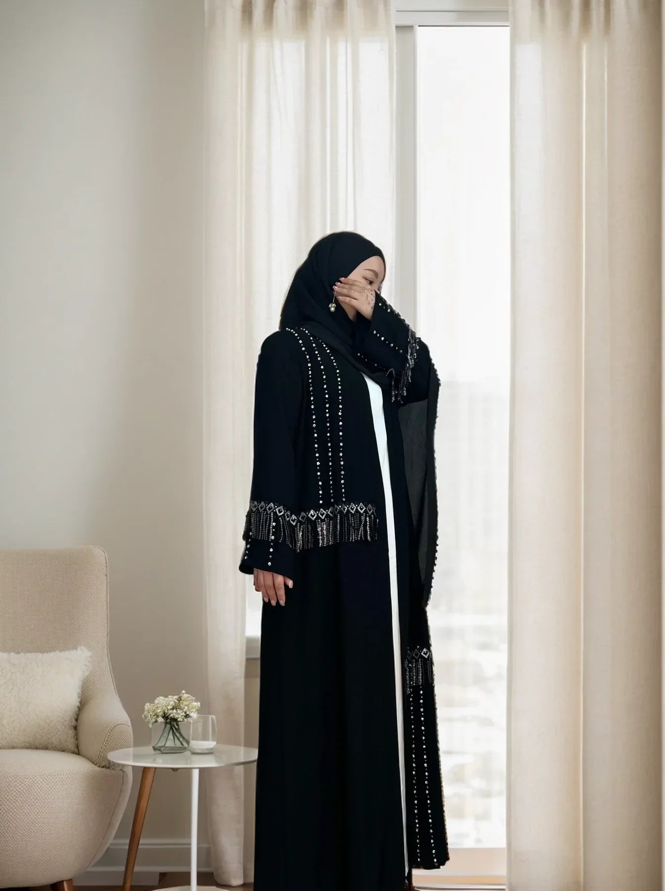 LM017 Shimmering Diamond Tassel Abaya - L-Cardigan + White Inner LumosModesty
