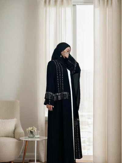 LM017 Shimmering Diamond Tassel Abaya - L-Cardigan + White Inner LumosModesty
