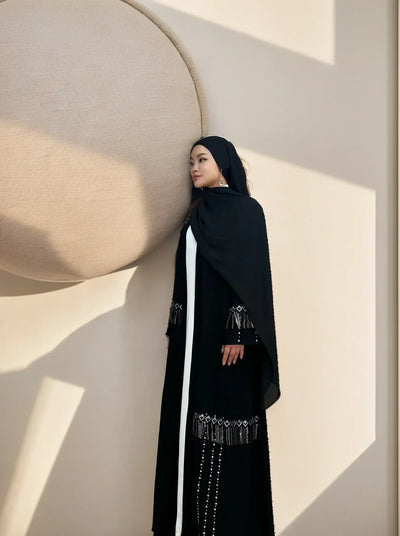 LM017 Shimmering Diamond Tassel Abaya - L-Cardigan + White Inner LumosModesty