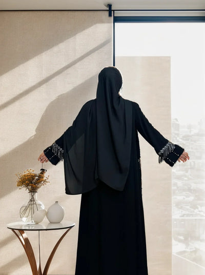 LM017 Shimmering Diamond Tassel Abaya - L-Cardigan + White Inner LumosModesty