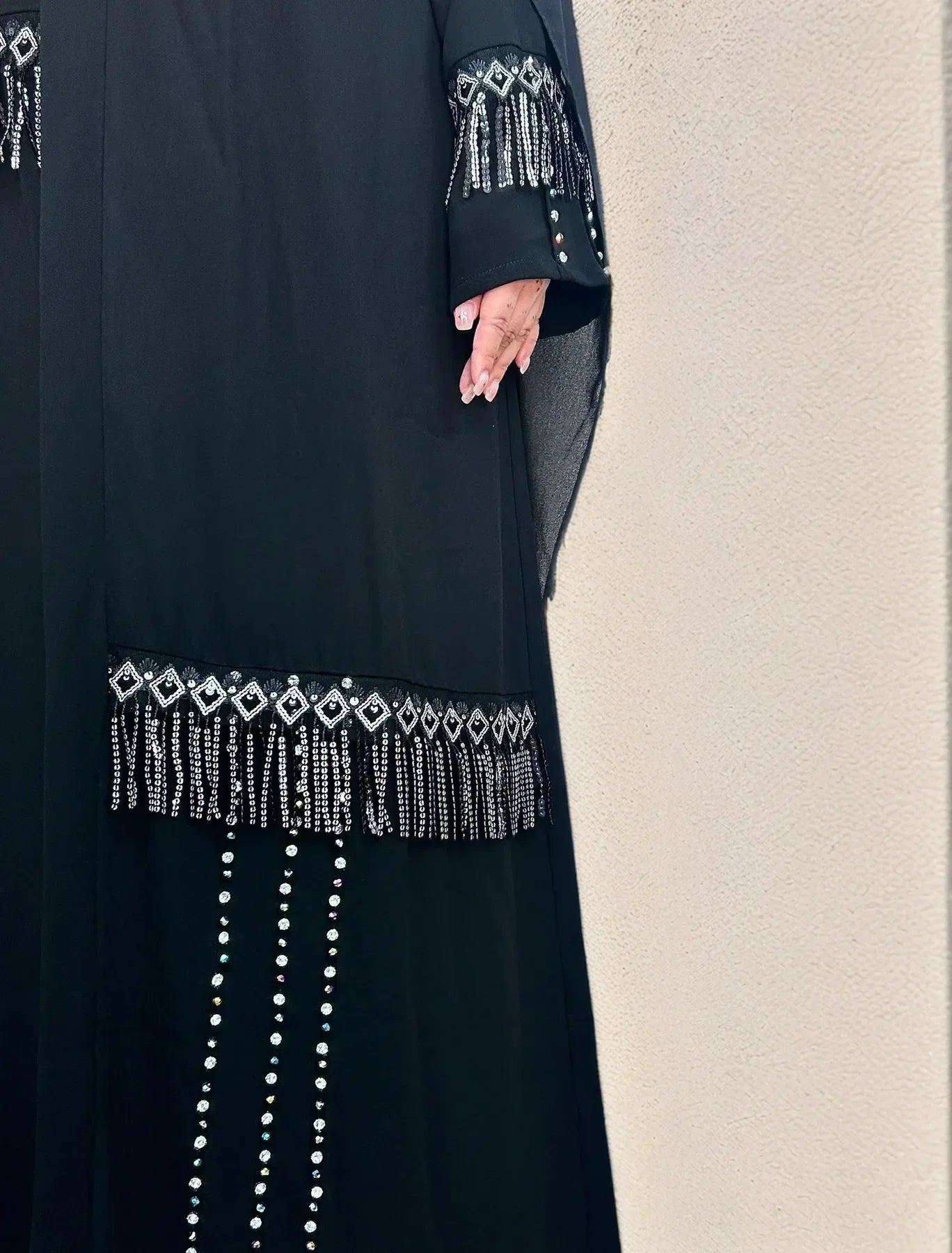 LM017 Shimmering Diamond Tassel Abaya - L-Cardigan + White Inner LumosModesty