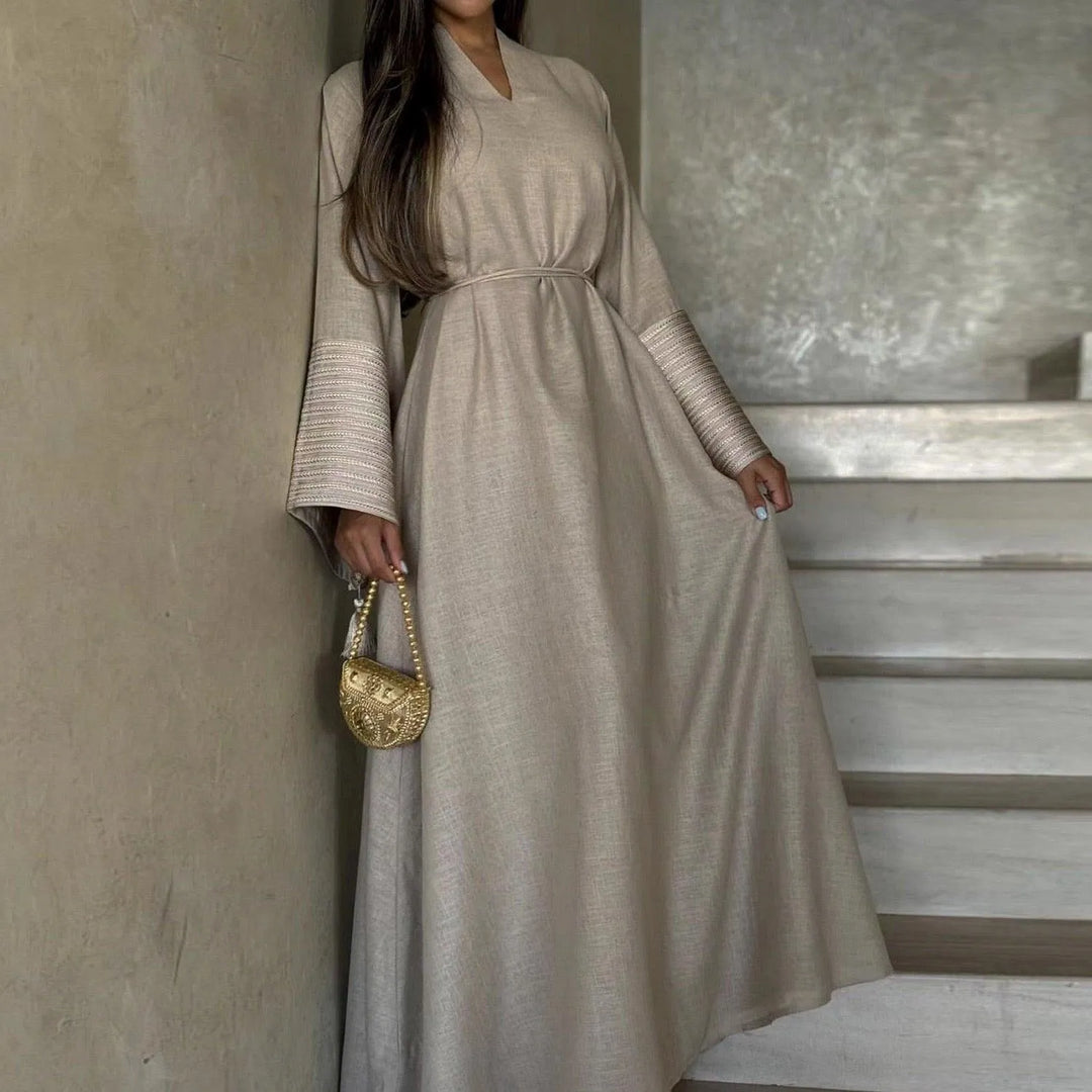 Linen Embroidery Abaya with Belt – LM025