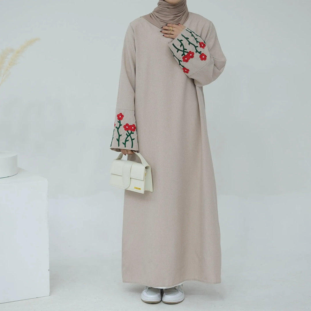 Elegant Flowers Bouquet Embroidered Linen Maxi Dress Closed Abaya