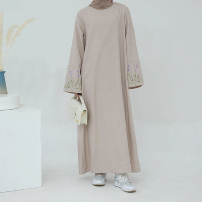 LM036 Flowers Bouquet Embroidery Linen Texture Maxi Dress Closed Abaya- lumosmodesty