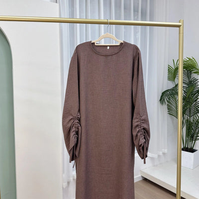 LM037 Ruched Long Sleeve Crepe Linen Slip Dress with Tie Shirring - Dark Coffee-S (52)-Abaya Only-1 LumosModesty
