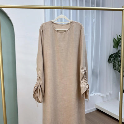 LM037 Ruched Long Sleeve Crepe Linen Slip Dress with Tie Shirring - Dark Coffee-S (52)-Abaya Only-1 LumosModesty