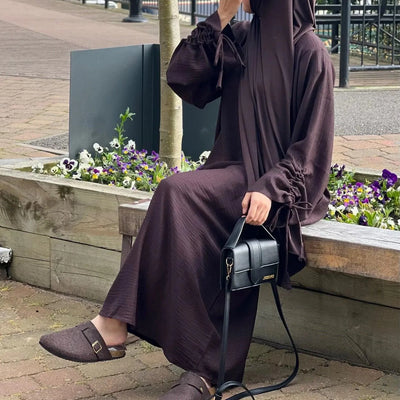 LM037 Ruched Long Sleeve Crepe Linen Slip Dress with Tie Shirring - Dark Coffee-S (52)-Abaya Only-1 LumosModesty