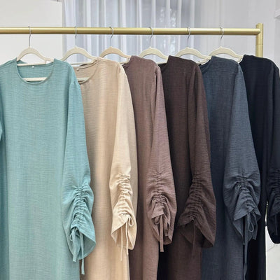 LM037 Ruched Long Sleeve Crepe Linen Slip Dress with Tie Shirring - Dark Coffee-S (52)-Abaya Only-1 LumosModesty