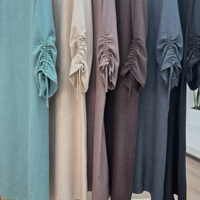 LM037 Ruched Long Sleeve Crepe Linen Slip Dress with Tie Shirring - Dark Coffee-S (52)-Abaya Only-1 LumosModesty