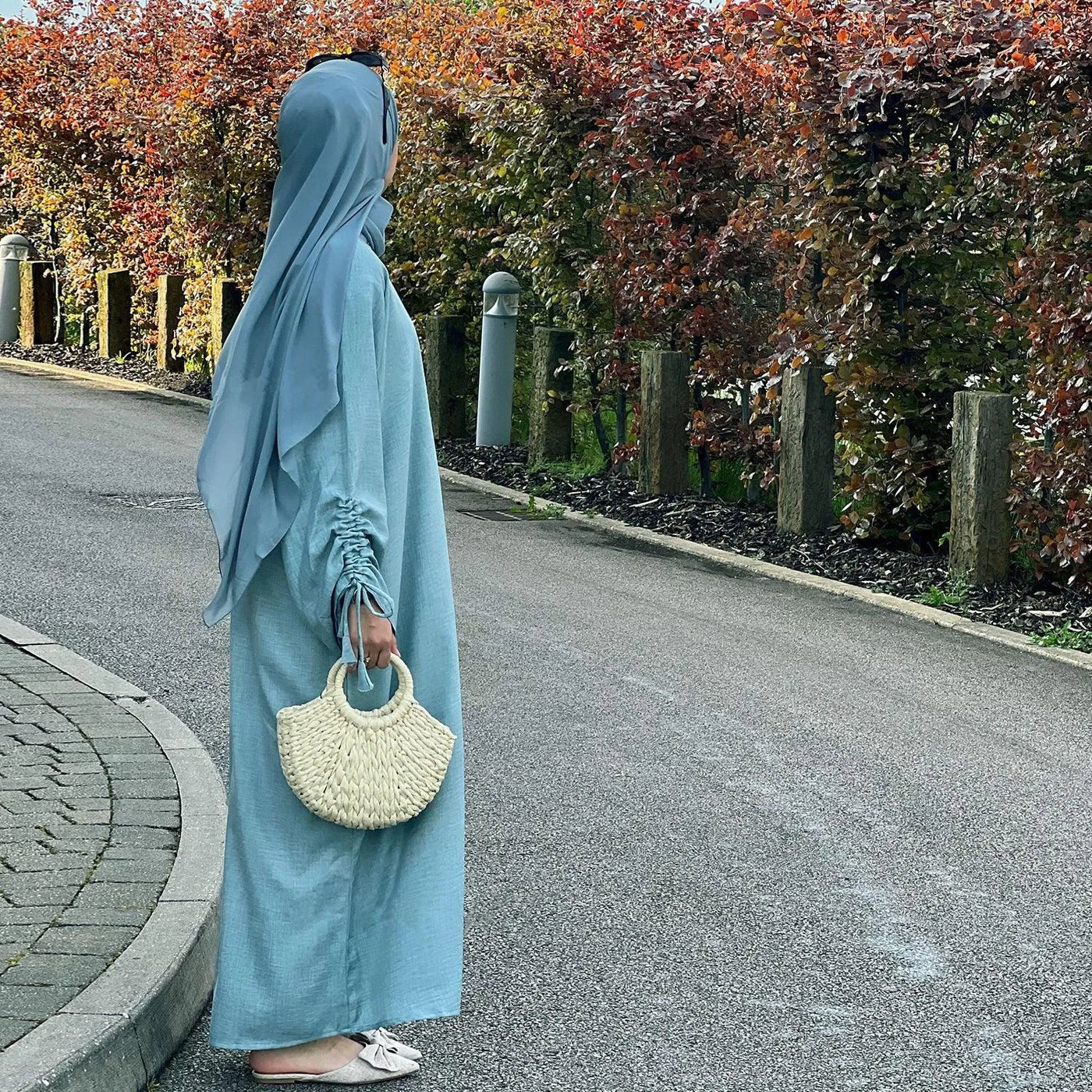 LM037 Ruched Long Sleeve Crepe Linen Slip Dress with Tie Shirring - Dark Coffee-S (52)-Abaya Only-1 LumosModesty