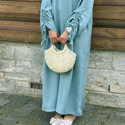 LM037 Ruched Long Sleeve Crepe Linen Slip Dress with Tie Shirring - Dark Coffee-S (52)-Abaya Only-1 LumosModesty
