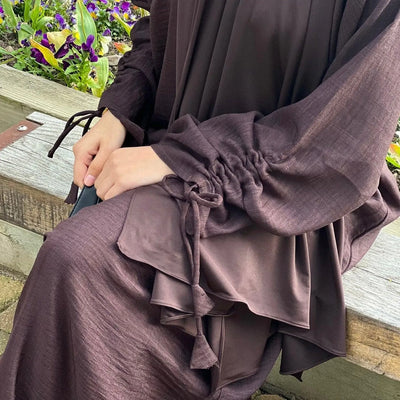 LM037 Ruched Long Sleeve Crepe Linen Slip Dress with Tie Shirring - Dark Coffee-S (52)-Abaya Only-1 LumosModesty