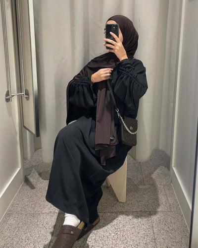 LM037 Ruched Long Sleeve Crepe Linen Slip Dress with Tie Shirring - Dark Coffee-S (52)-Abaya Only-1 LumosModesty