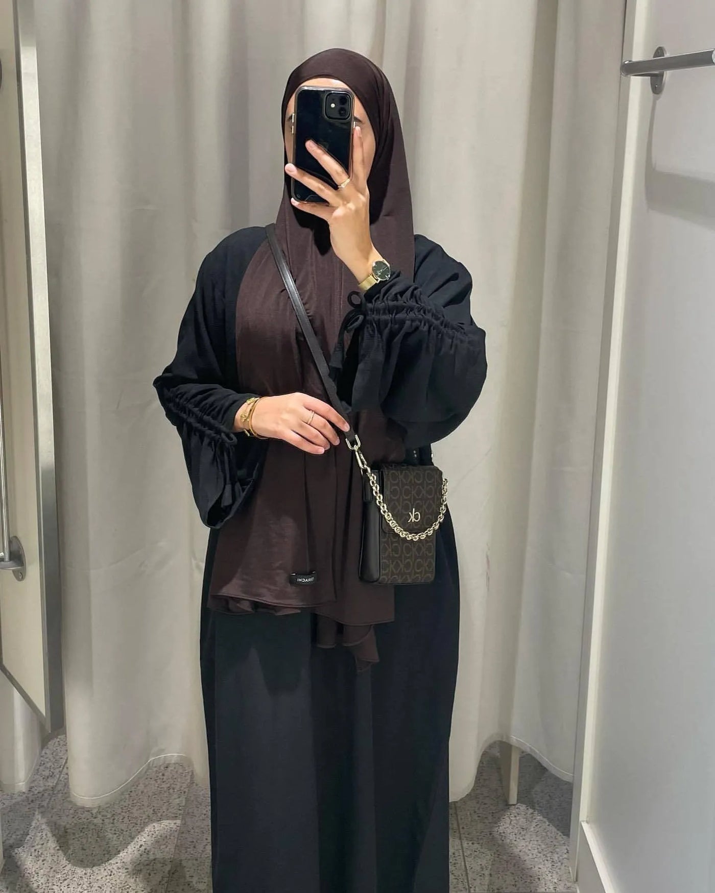 LM037 Ruched Long Sleeve Crepe Linen Slip Dress with Tie Shirring - Dark Coffee-S (52)-Abaya Only-1 LumosModesty