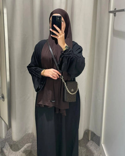 LM037 Ruched Long Sleeve Crepe Linen Slip Dress with Tie Shirring - Dark Coffee-S (52)-Abaya Only-1 LumosModesty