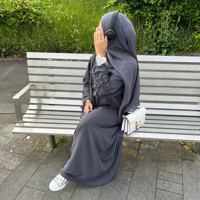 LM037 Ruched Long Sleeve Crepe Linen Slip Dress with Tie Shirring - Dark Coffee-S (52)-Abaya Only-1 LumosModesty