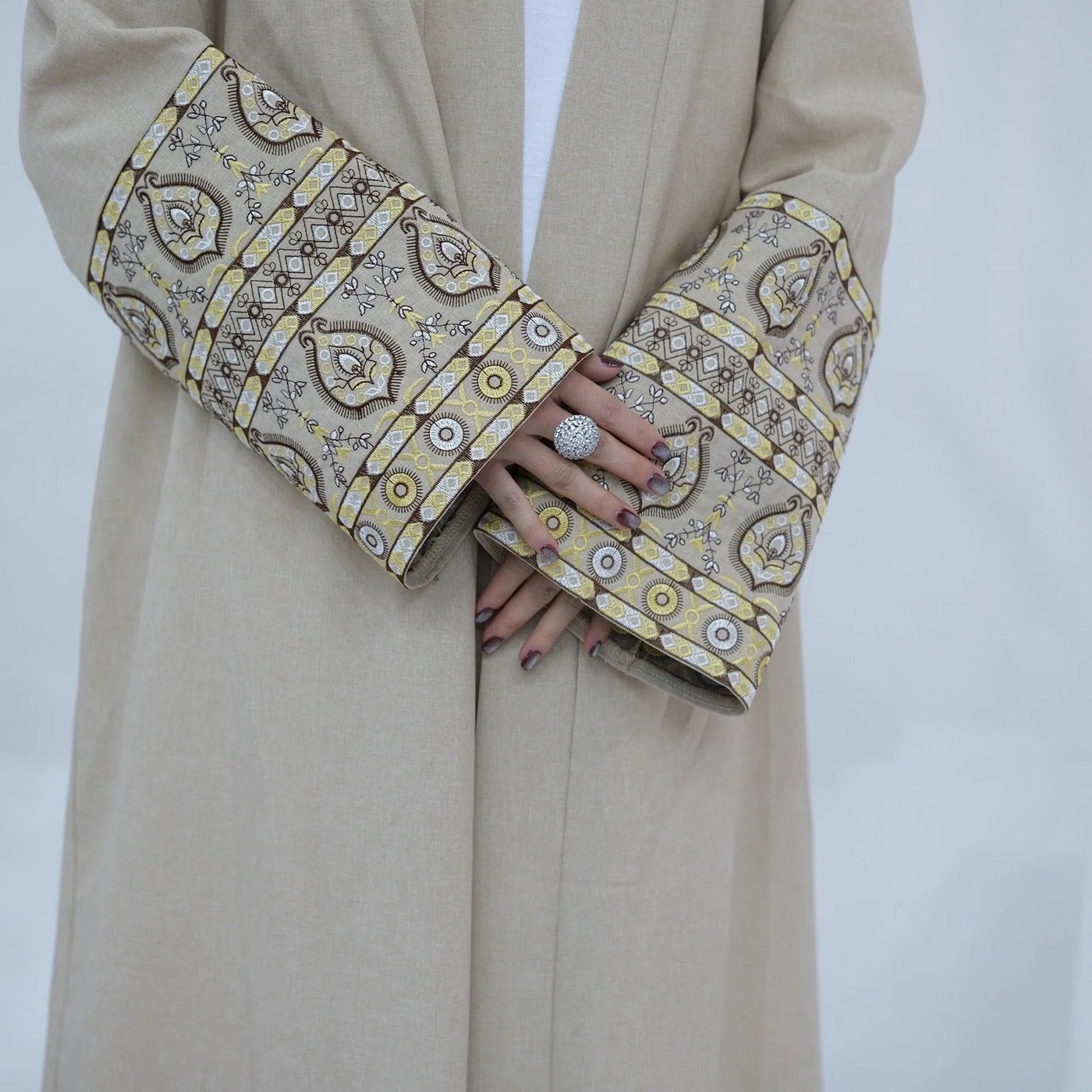 LM040 Linen Open Abaya with Embroidery | Modest Front Open Kaftan Cardigan - LM040-Apricot-S (52) LumosModesty