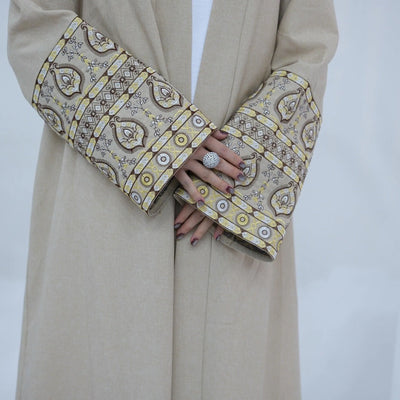 LM040 Linen Open Abaya with Embroidery | Modest Front Open Kaftan Cardigan - LM040-Apricot-S (52) LumosModesty