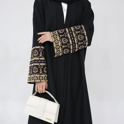 LM040 Linen Open Abaya with Embroidery | Modest Front Open Kaftan Cardigan - LM040-Apricot-S (52) LumosModesty
