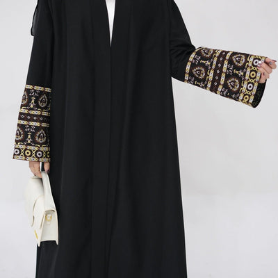 LM040 Linen Open Abaya with Embroidery | Modest Front Open Kaftan Cardigan - LM040-Apricot-S (52) LumosModesty