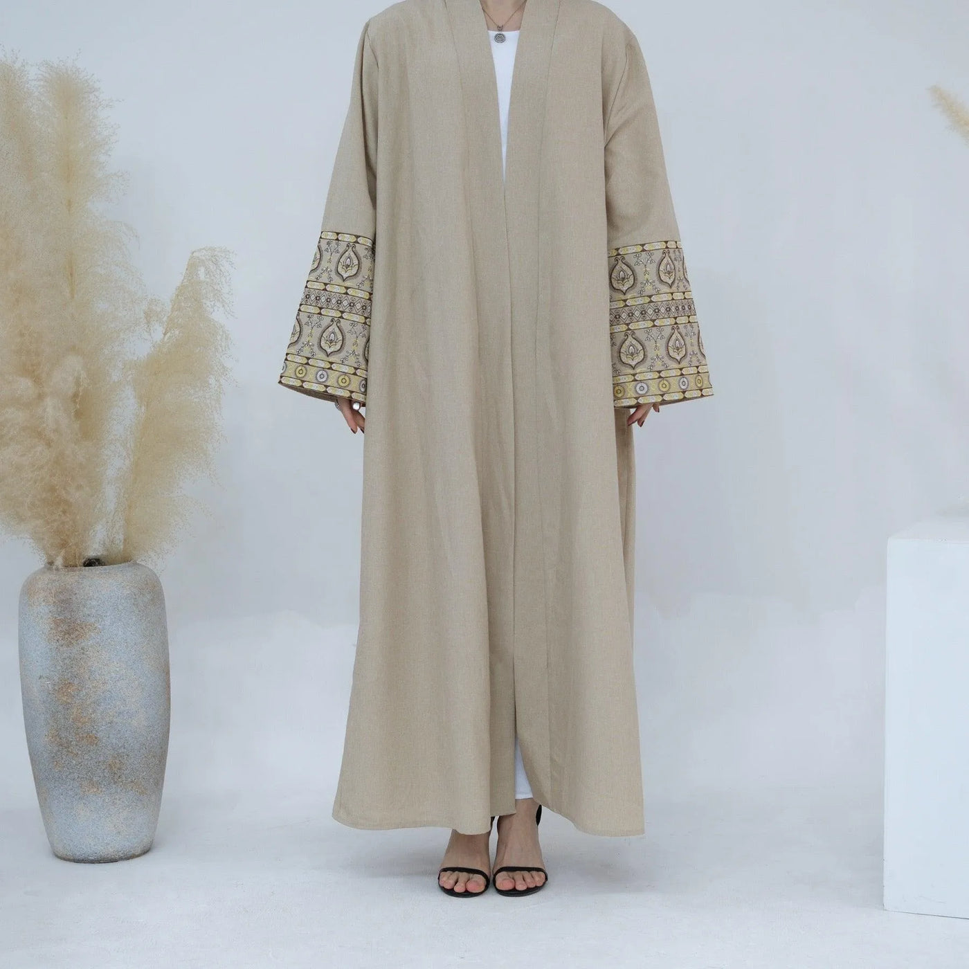 LM040 Linen Open Abaya with Embroidery | Modest Front Open Kaftan Cardigan - LM040-Apricot-S (52) LumosModesty