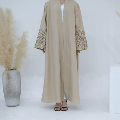 LM040 Linen Open Abaya with Embroidery | Modest Front Open Kaftan Cardigan - LM040-Apricot-S (52) LumosModesty