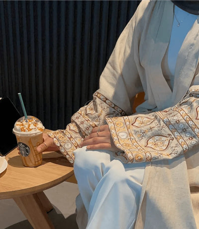 LM040 Linen Open Abaya with Embroidery | Modest Front Open Kaftan Cardigan - LM040-Apricot-S (52) LumosModesty