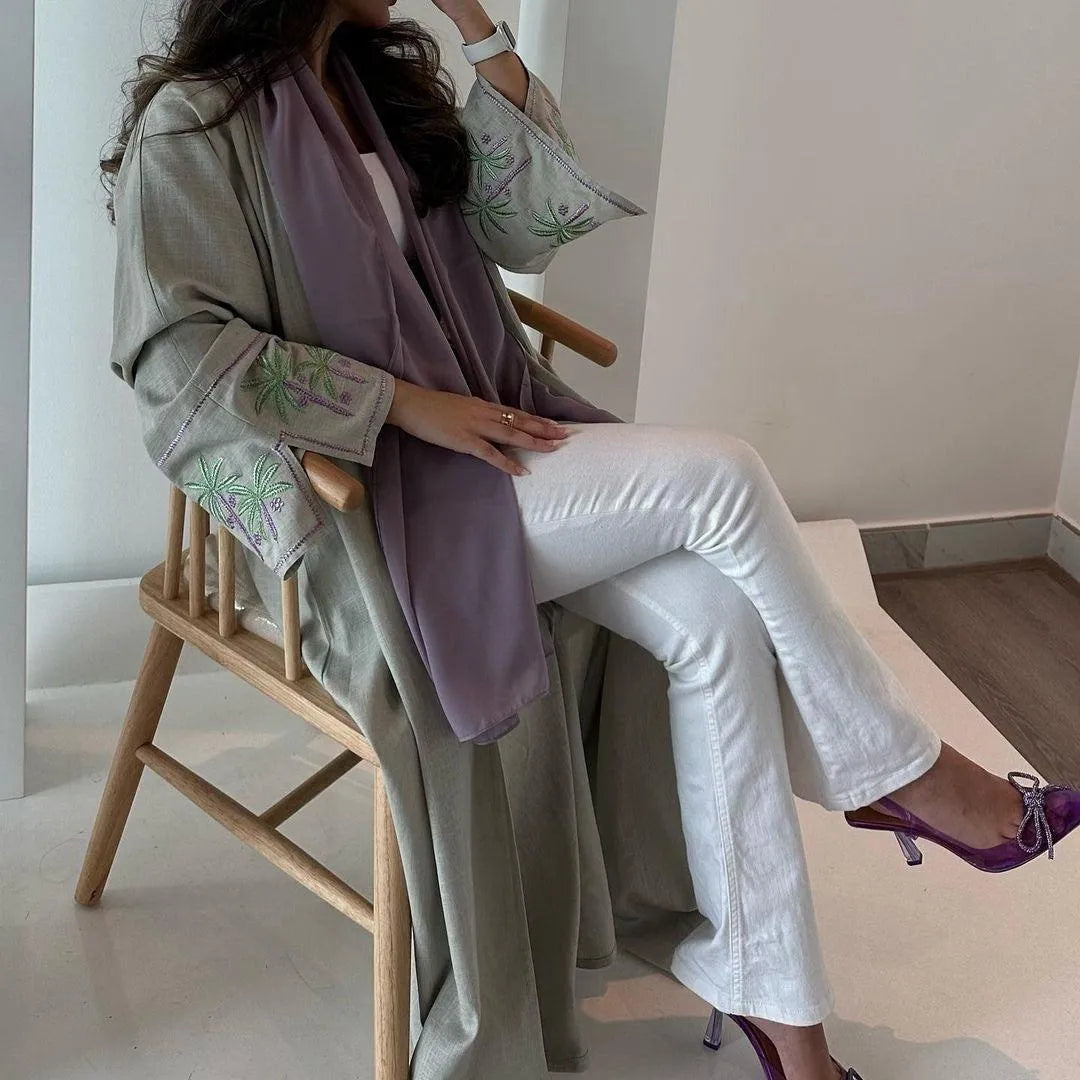 LM041 Coconut Palm Tree Embroidered Holiday Open Abaya Cardigan - LM041-MINT-S LumosModesty