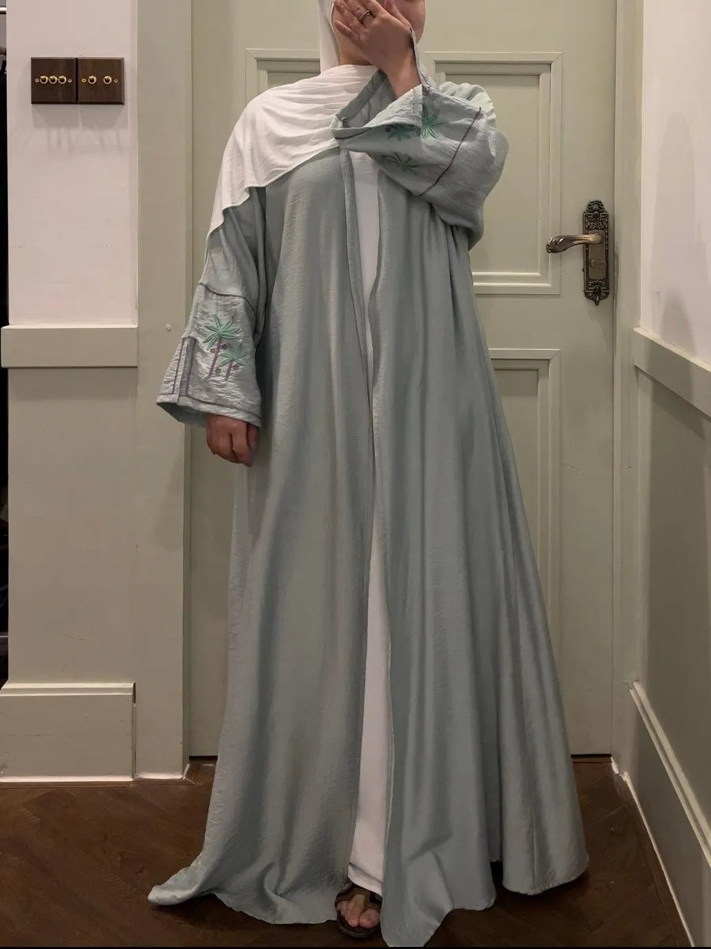 LM041 Coconut Palm Tree Embroidered Holiday Open Abaya Cardigan - LM041-MINT-S LumosModesty