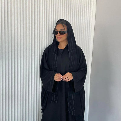 LM043 Wave Pattern Open Abaya with Hijab Set | Lightweight Modest Cardigan - LM043-BLACK-S LumosModesty