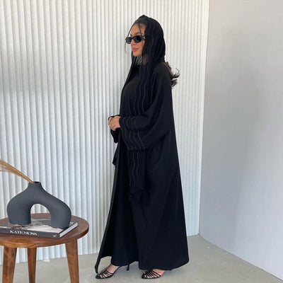 LM043 Wave Pattern Open Abaya with Hijab Set | Lightweight Modest Cardigan - LM043-BLACK-S LumosModesty