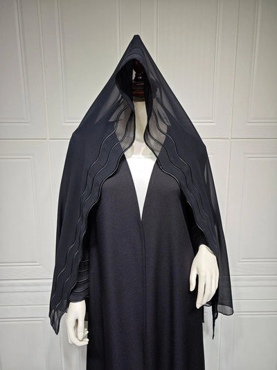 LM043 Wave Pattern Open Abaya with Hijab Set | Lightweight Modest Cardigan - LM043-BLACK-S LumosModesty