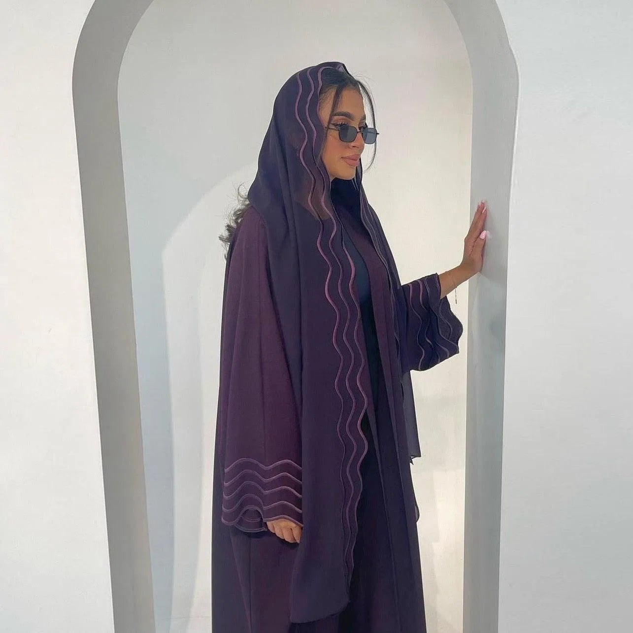 LM043 Wave Pattern Open Abaya with Hijab Set | Lightweight Modest Cardigan - LM043-BLACK-S LumosModesty