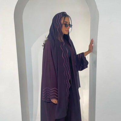 LM043 Wave Pattern Open Abaya with Hijab Set | Lightweight Modest Cardigan - LM043-BLACK-S LumosModesty