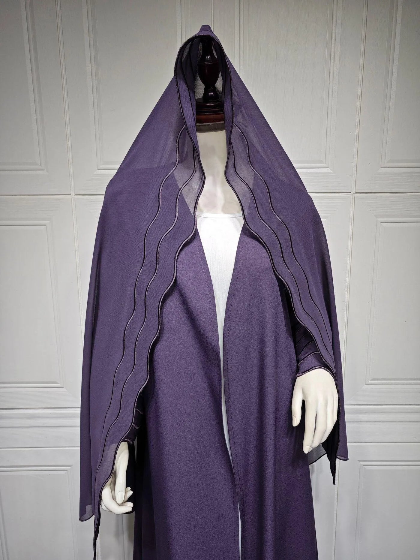 LM043 Wave Pattern Open Abaya with Hijab Set | Lightweight Modest Cardigan - LM043-BLACK-S LumosModesty