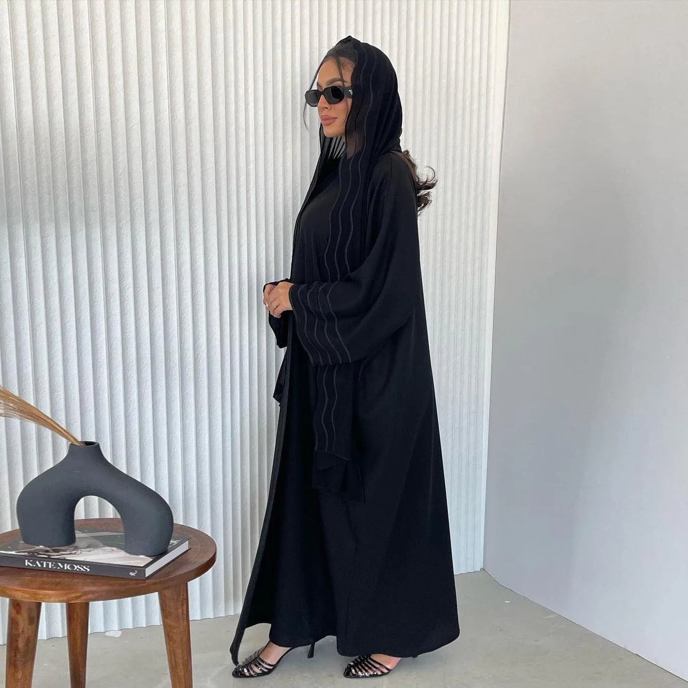 LM043 Wave Pattern Open Abaya with Hijab Set | Lightweight Modest Cardigan - LM043-BLACK-S LumosModesty