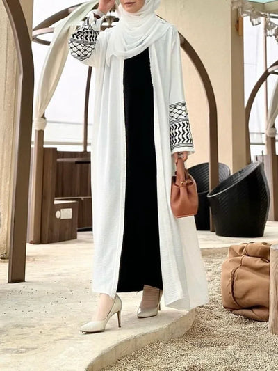 LM046 Keffiyeh Inspired Modest Kimono Abaya | Belt & Tassels Design - LM046-White-S (52) LumosModesty