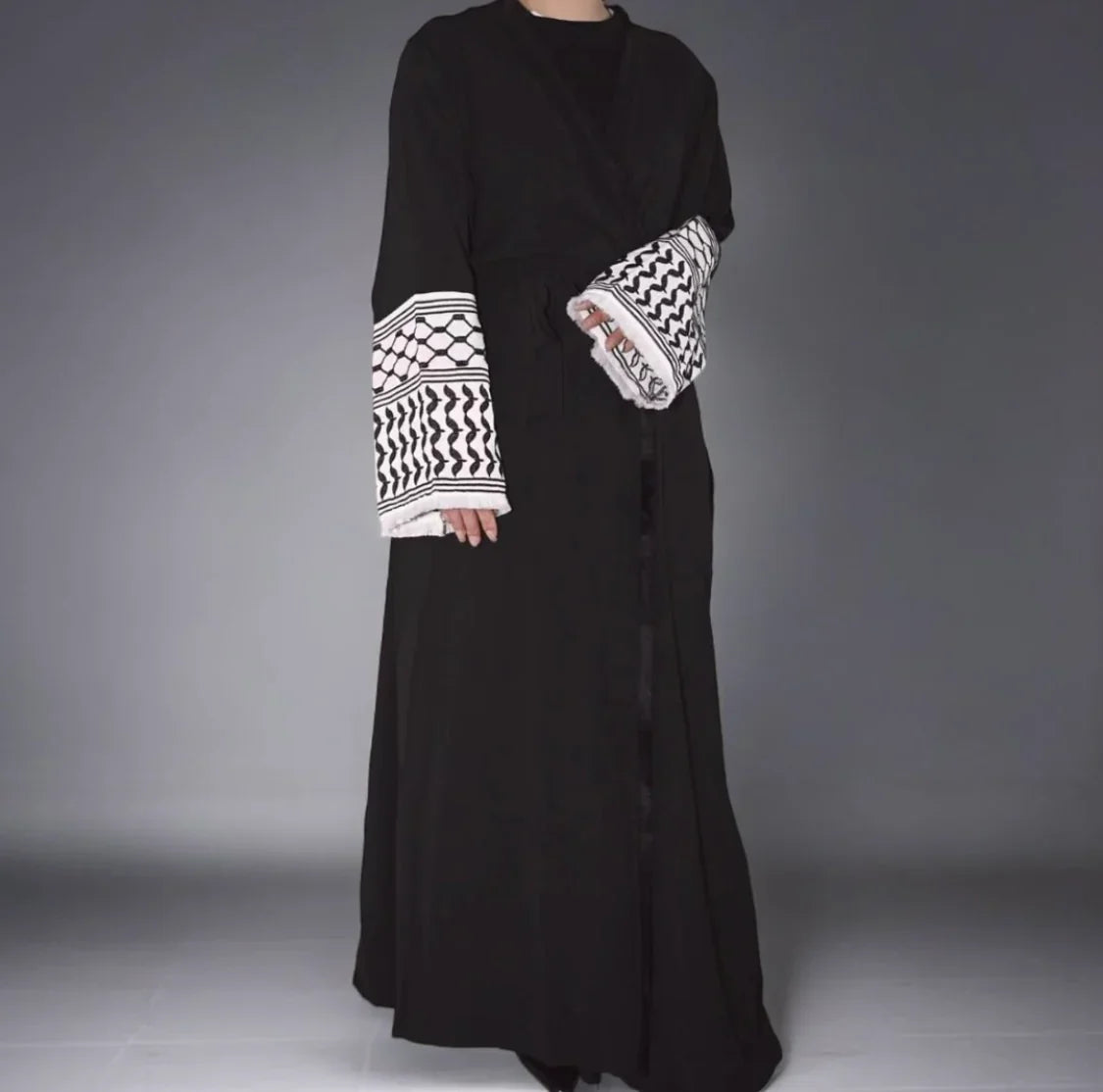 LM046 Keffiyeh Inspired Modest Kimono Abaya | Belt & Tassels Design - LM046-White-S (52) LumosModesty