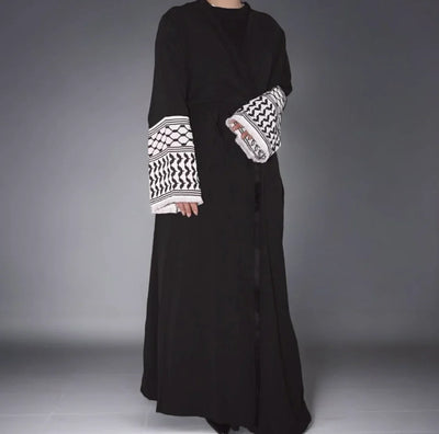 LM046 Keffiyeh Inspired Modest Kimono Abaya | Belt & Tassels Design - LM046-White-S (52) LumosModesty