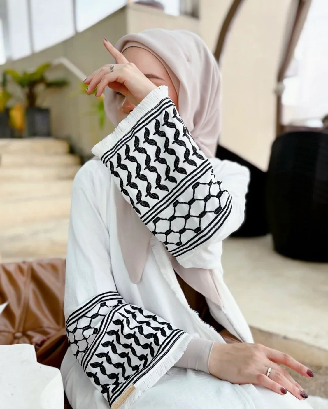 LM046 Keffiyeh Inspired Modest Kimono Abaya | Belt & Tassels Design - LM046-White-S (52) LumosModesty
